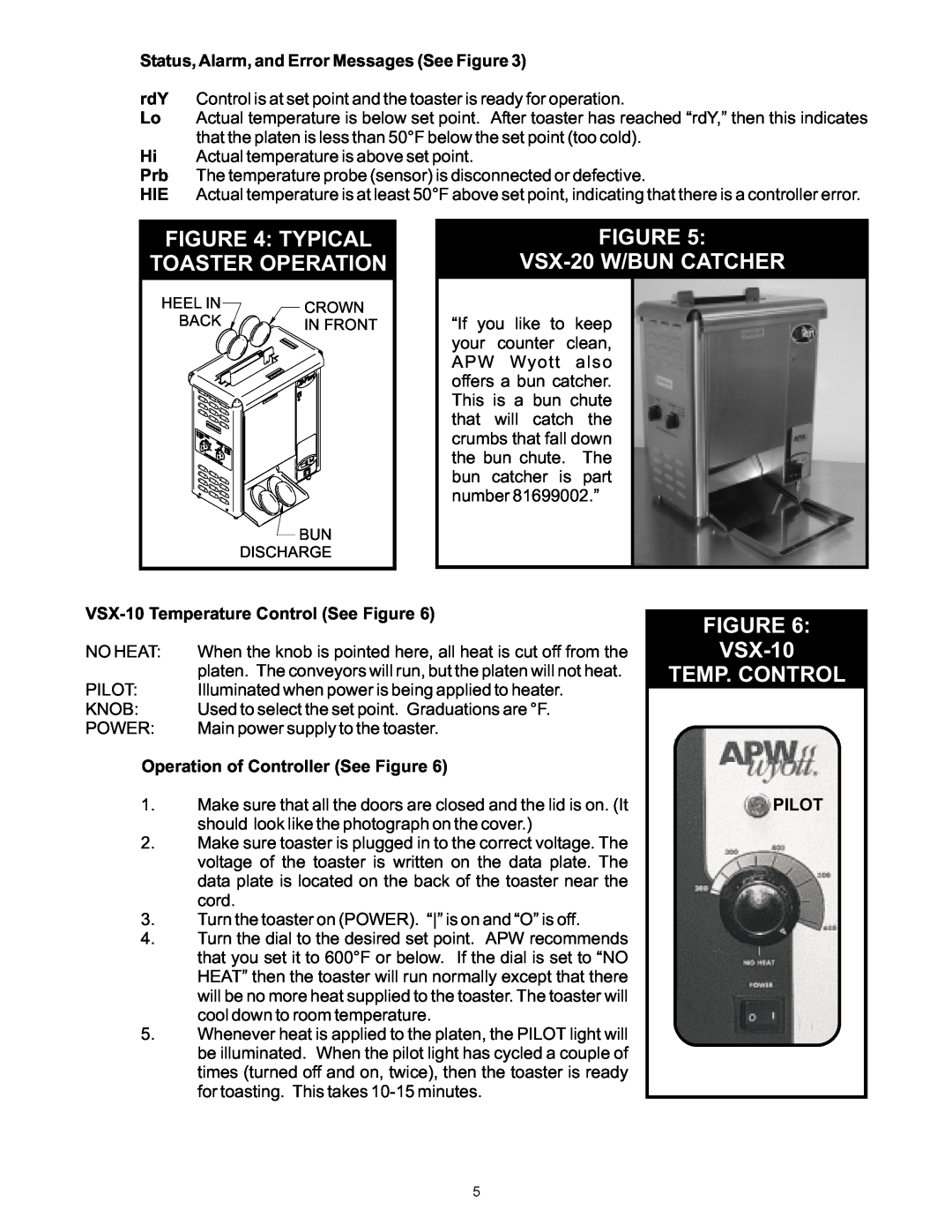 APW Wyott Typical, VSX-20 W/BUN CATCHER, VSX-10 TEMP. CONTROL, Toaster Operation, VSX-10 Temperature Control See Figure 