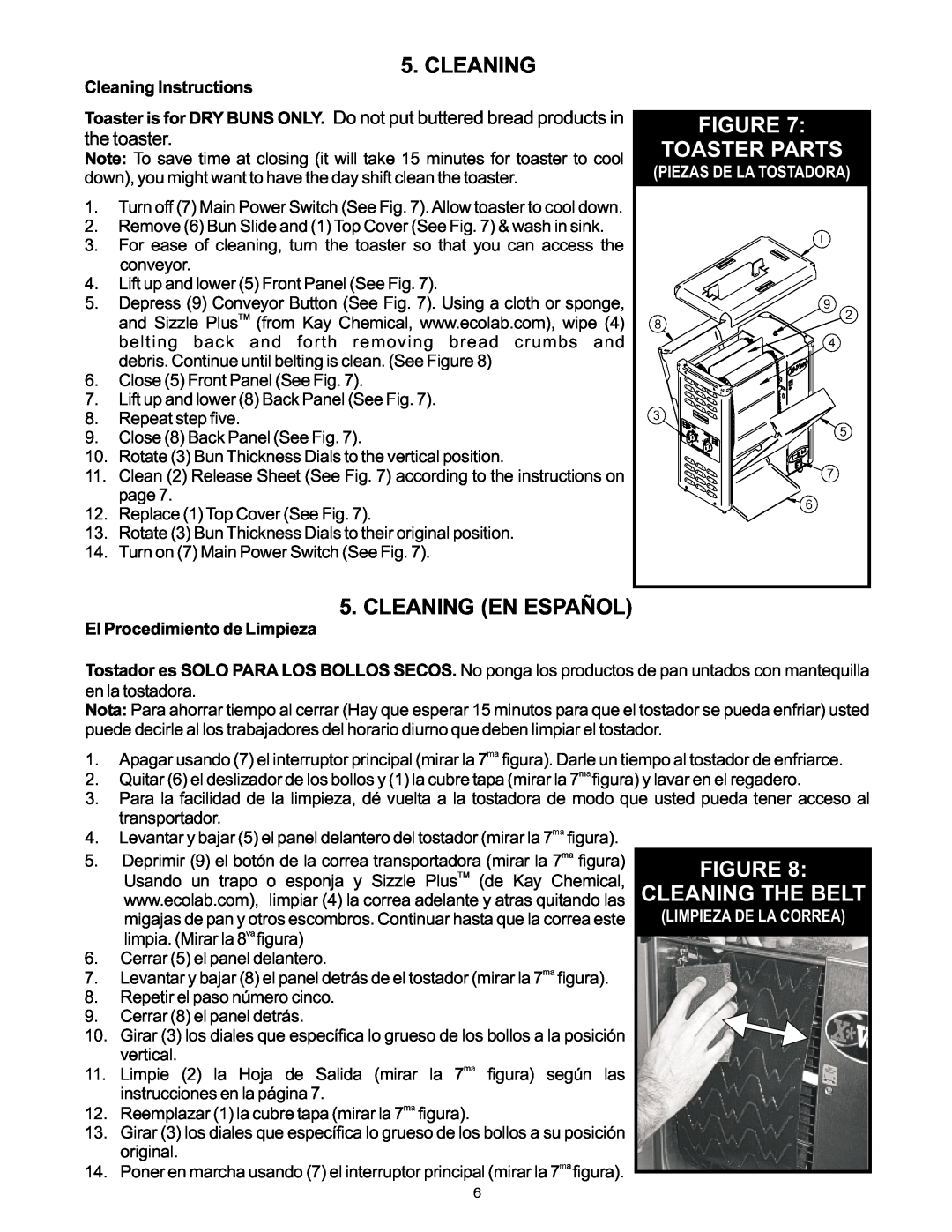 APW Wyott VSX manual Toaster Parts, Cleaning En Español, Cleaning The Belt, the toaster, Cleaning Instructions 
