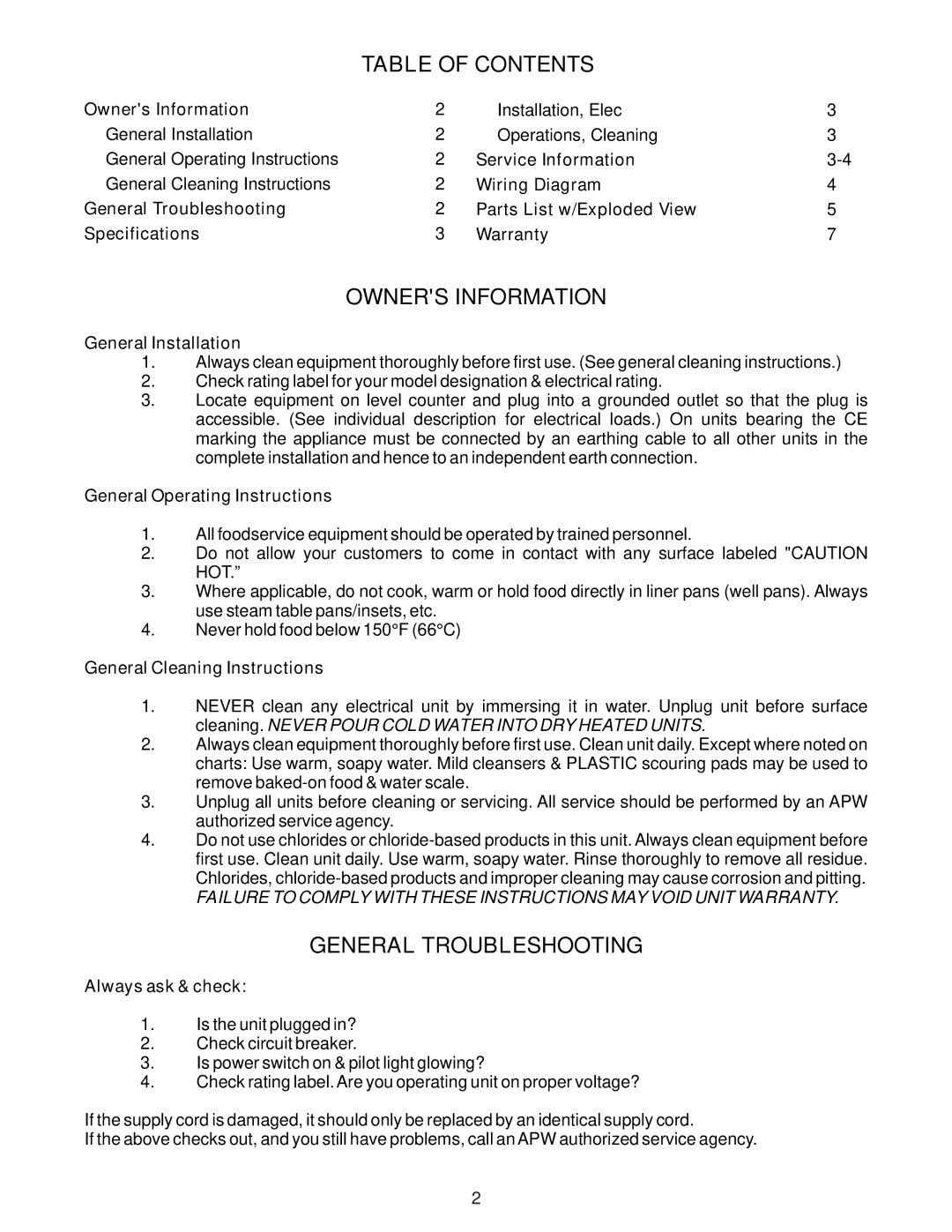 APW Wyott W-3V manual Table of Contents, Owners Information, General Troubleshooting 