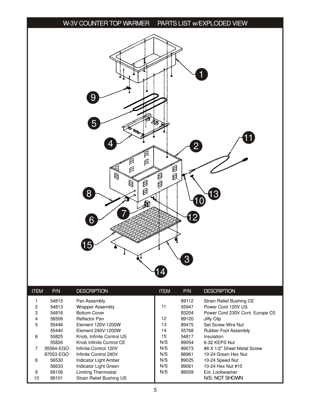 APW Wyott W-3V manual 3V Counter TOP Warmer, Parts List w/EXPLODED View 