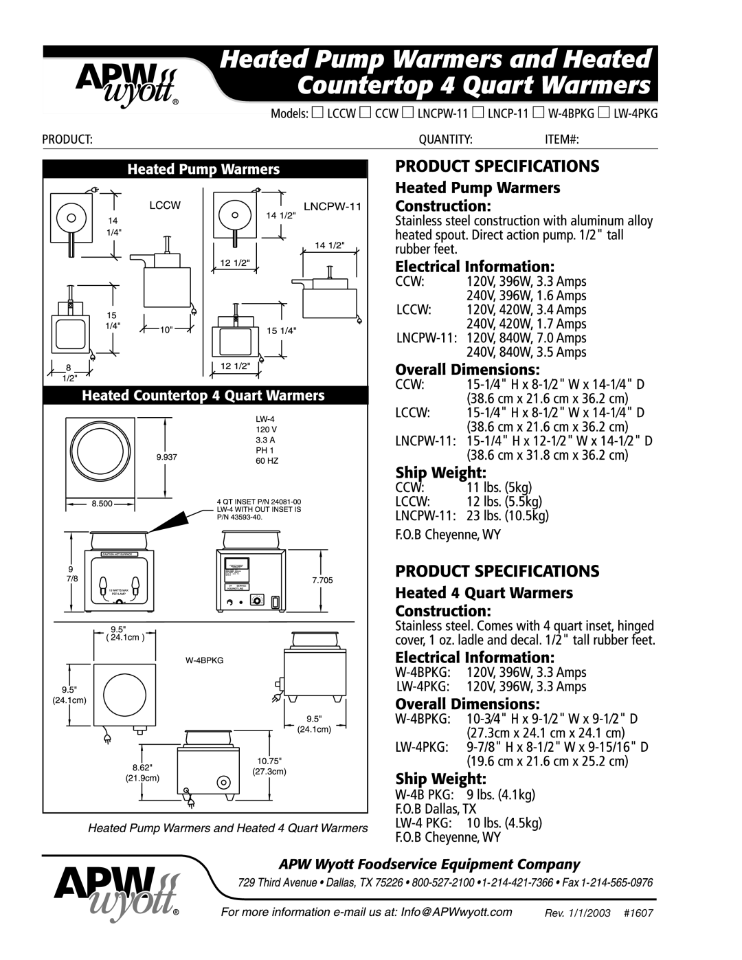 APW Wyott LNCPW, W-48KG, LNCP-11, LW-4PKG warranty Rev /1/2003 #1607 