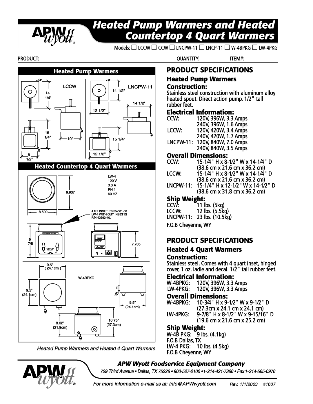 APW Wyott LNCPW, W-48KG, LNCP-11, LW-4PKG warranty Rev. 1/1/2003 #1607 