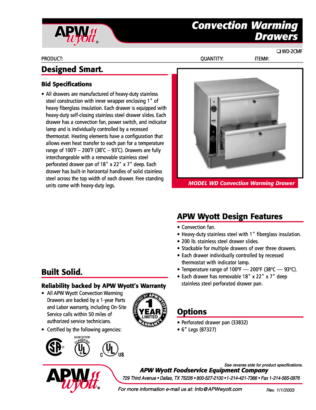 APW Wyott WD-2CMF specifications Convection Warming Drawers, Bid Specifications, Designed Smart, Built Solid, Options 