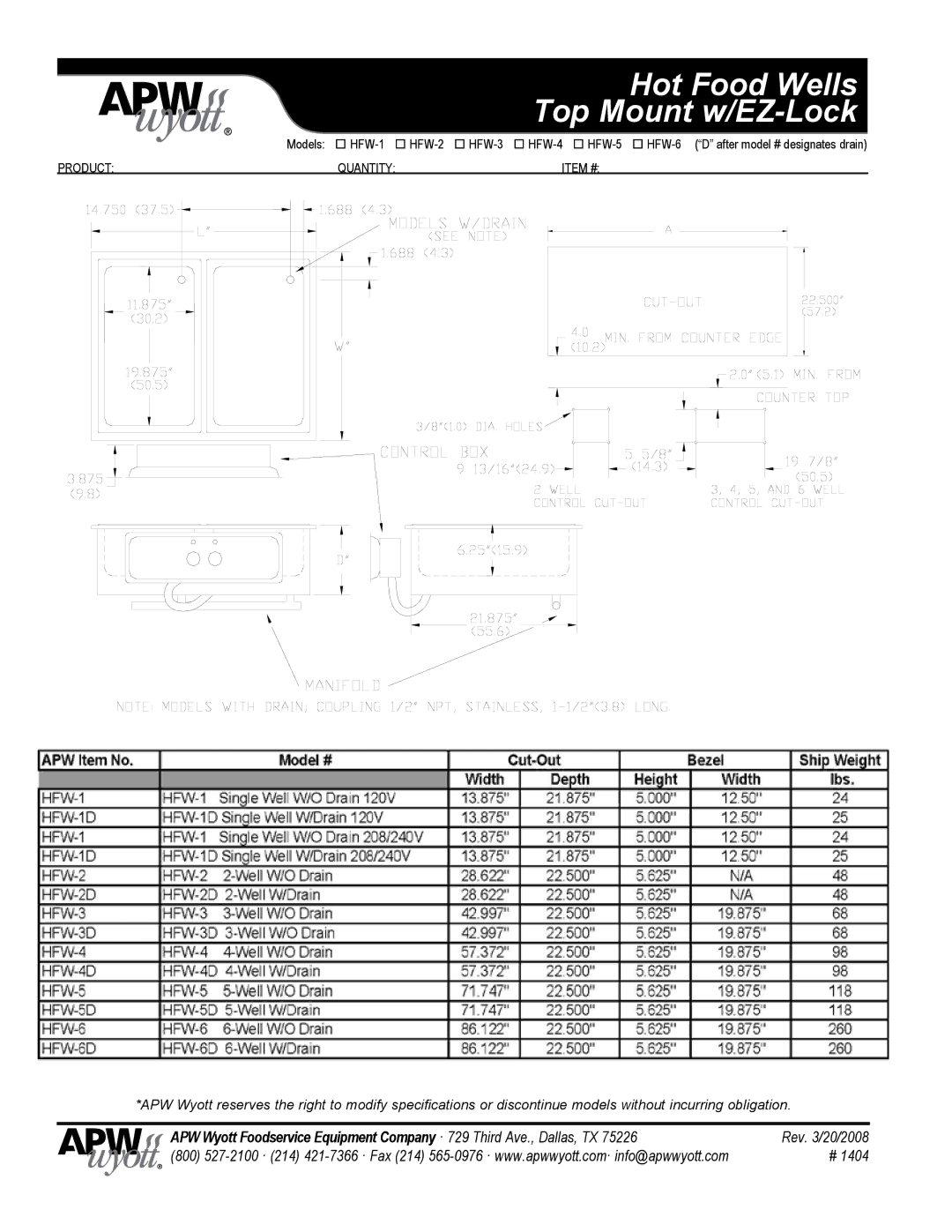 APW Wyott w/EZ-Lock specifications Product 