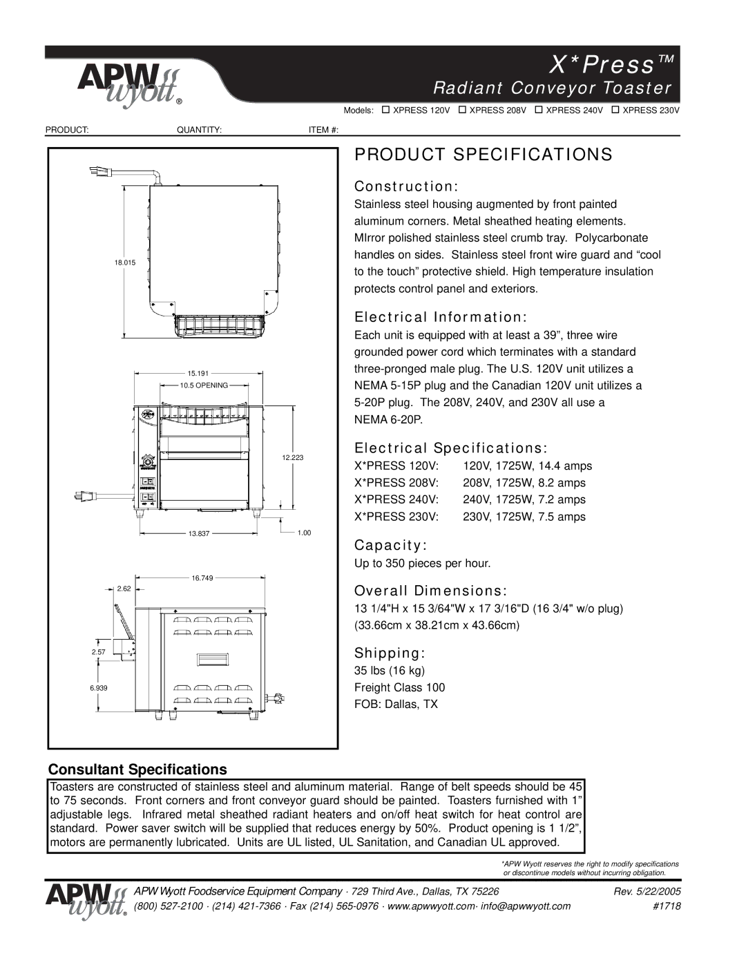 APW Wyott XPRESS 120V Construction, Electrical Information, Electrical Specifications, Capacity, Overall Dimensions 