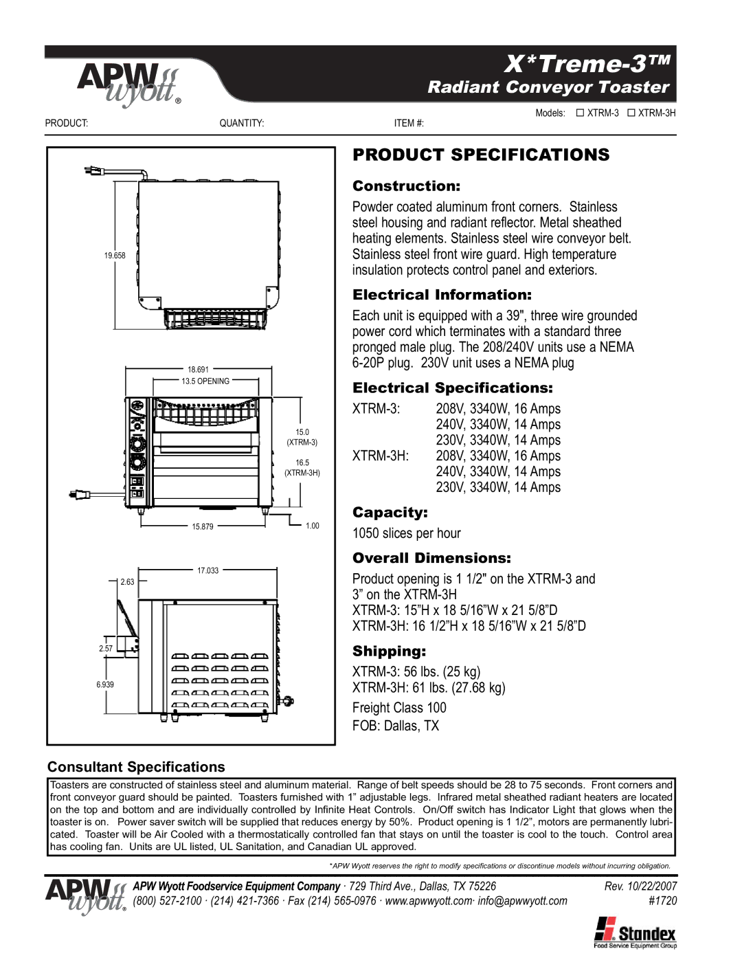 APW Wyott X*Treme-3 Consultant Specifications, Construction, Electrical Information, Electrical Specifications, Capacity 