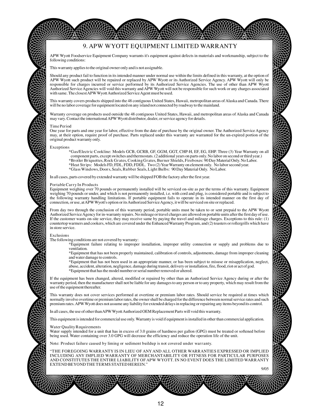 APW Wyott XTRM-2, XTRM-3 operating instructions APW Wyott Equipment Limited Warranty 