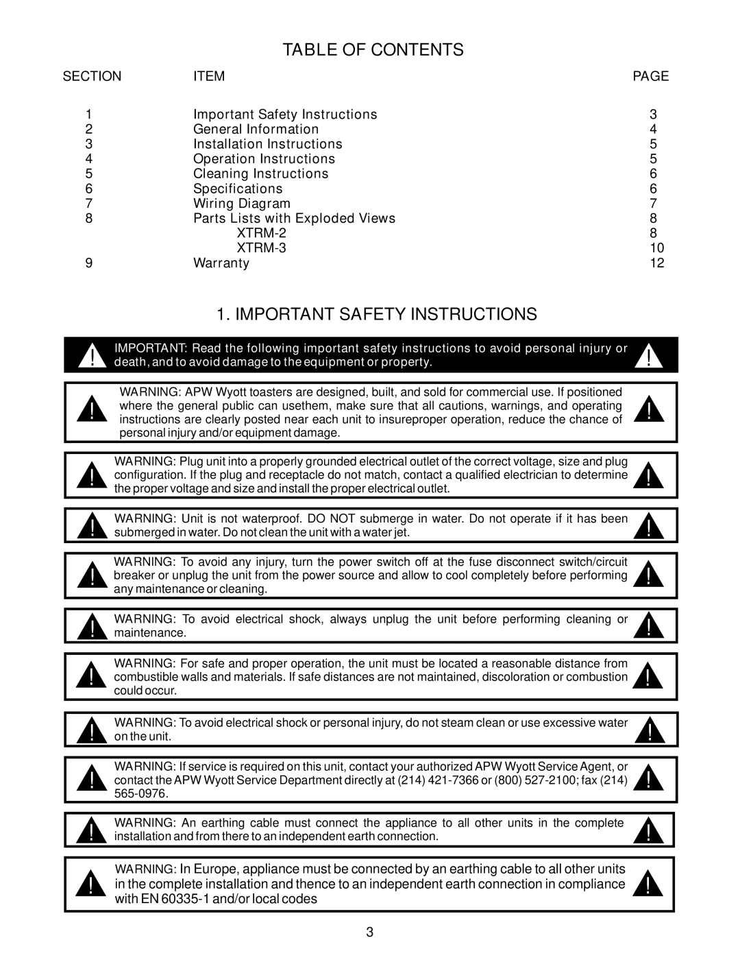 APW Wyott XTRM-3, XTRM-2 operating instructions Table of Contents, Important Safety Instructions 