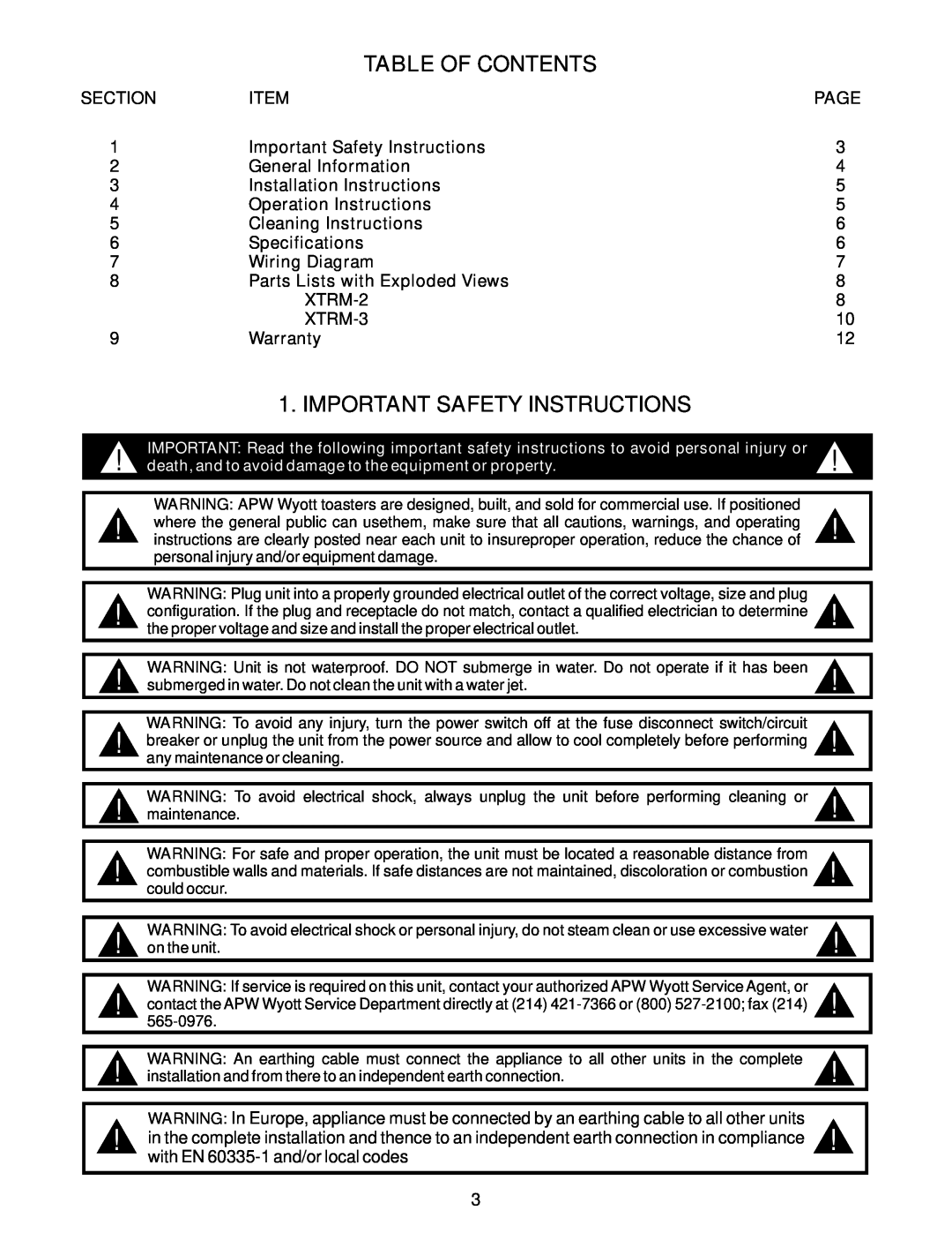 APW Wyott XTRM-3, XTRM-2 operating instructions Table Of Contents, Important Safety Instructions 
