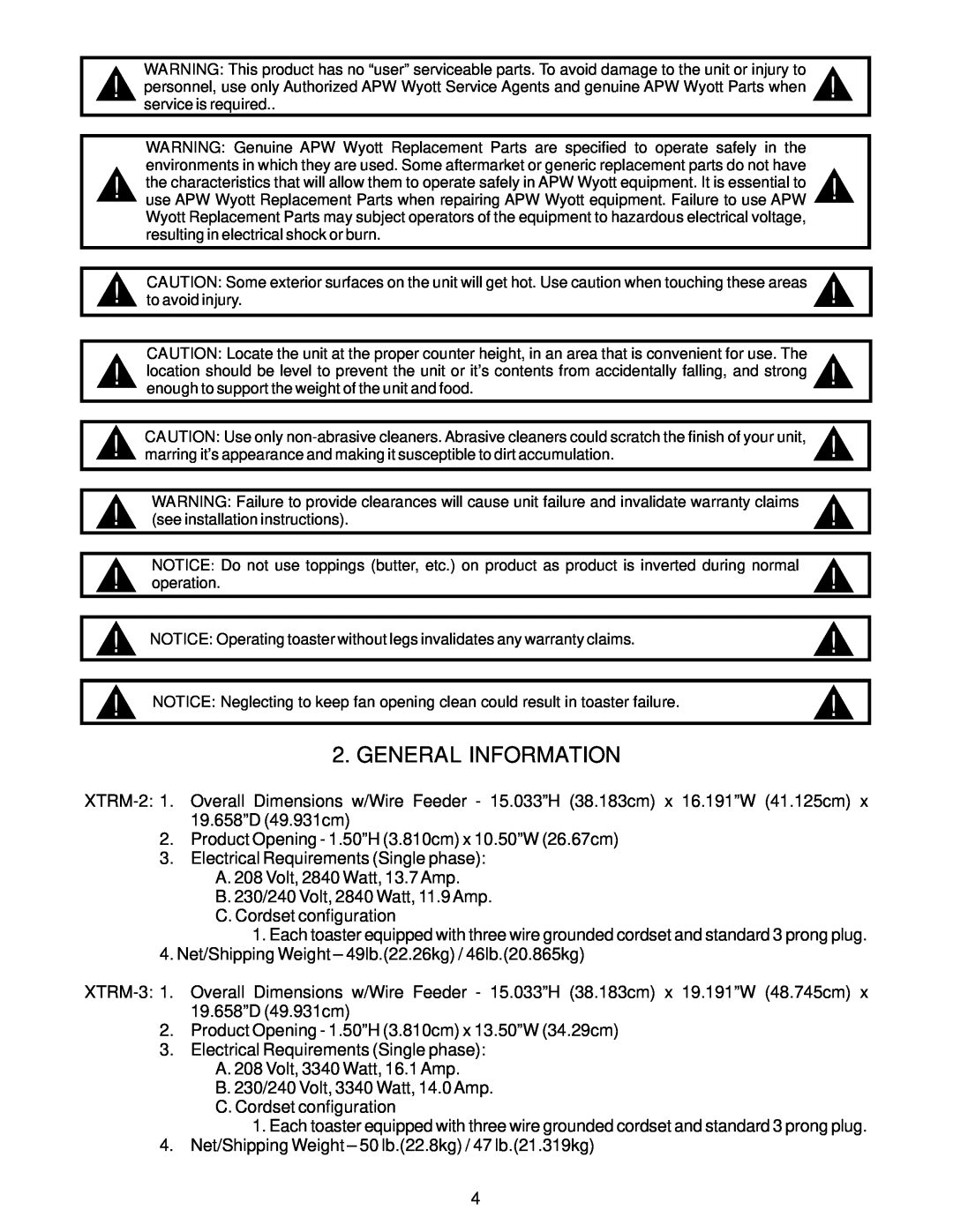 APW Wyott XTRM-2, XTRM-3 operating instructions General Information 