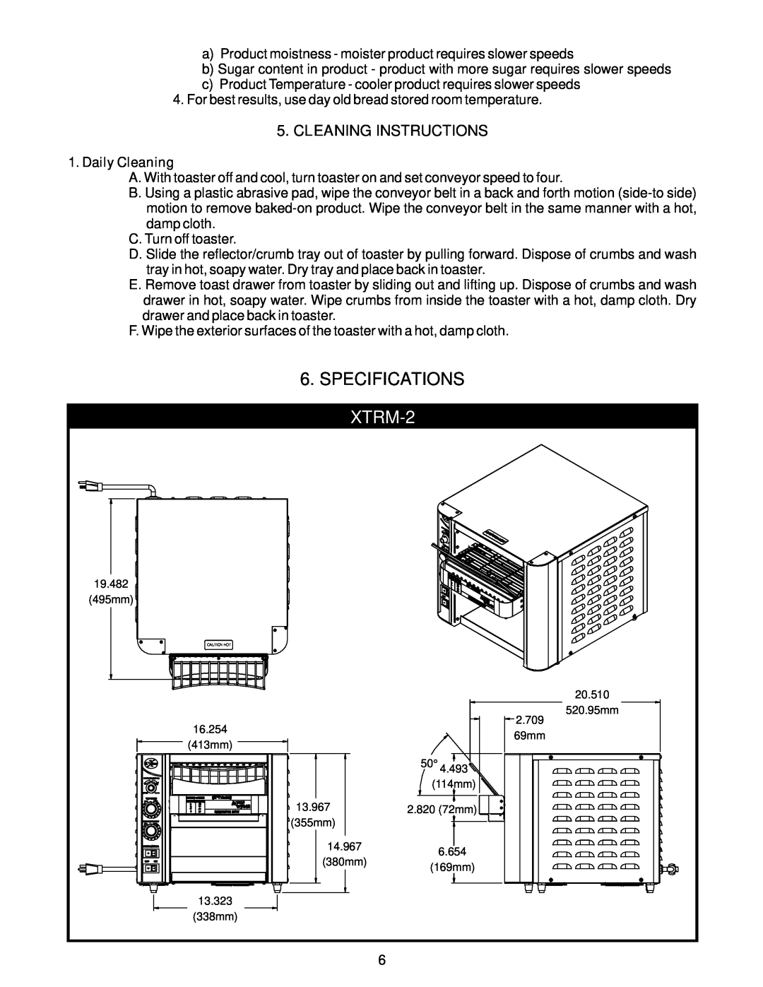APW Wyott XTRM-2, XTRM-3 operating instructions Specifications, Cleaning Instructions 