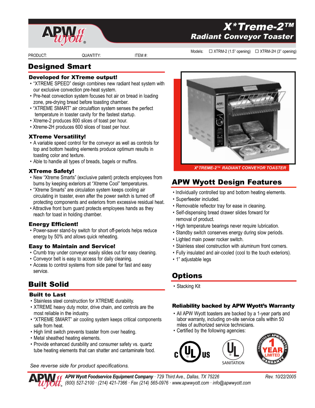 APW Wyott XTRM-2H specifications Designed Smart, Built Solid, APW Wyott Design Features, Options 