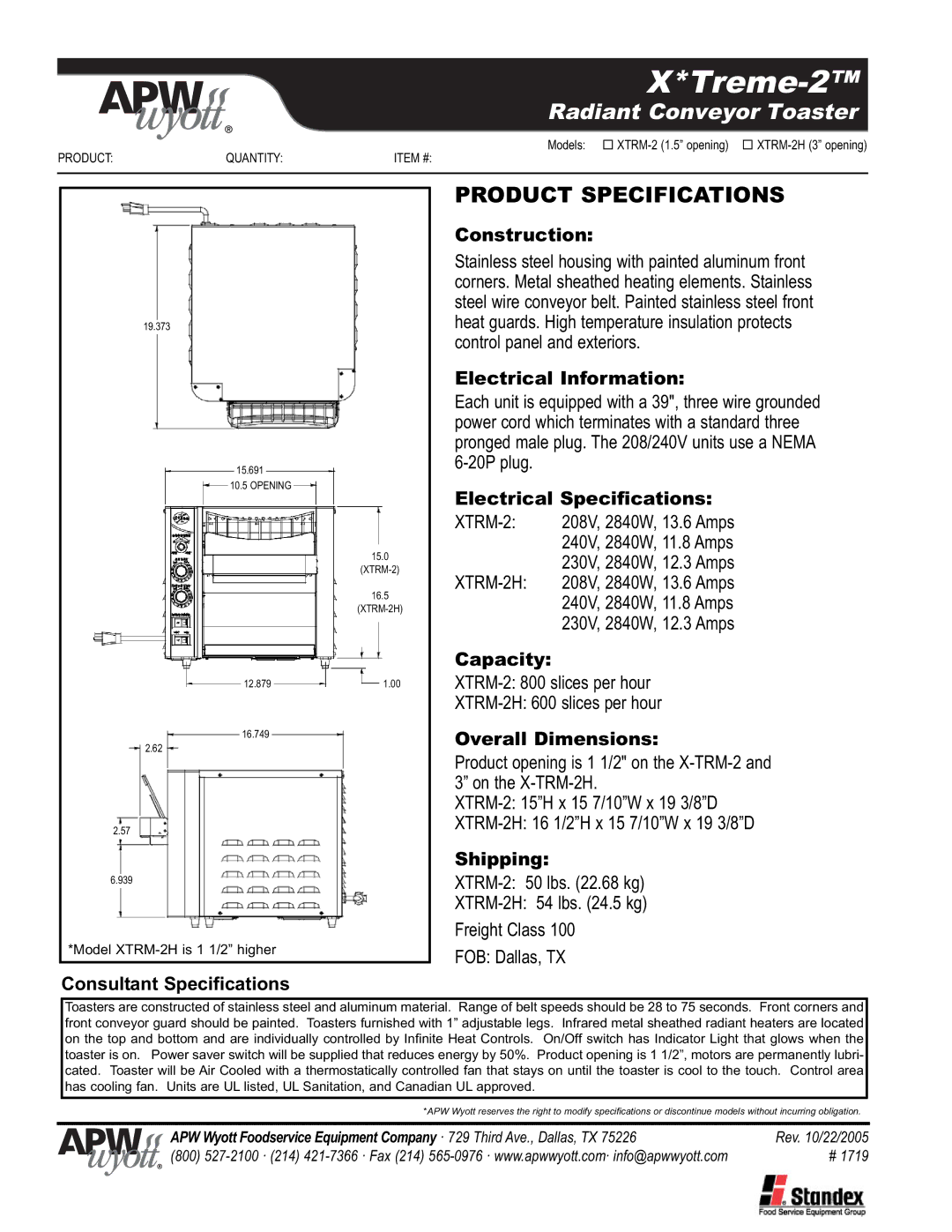 APW Wyott XTRM-2H Consultant Specifications, Construction, Electrical Information, Electrical Specifications, Capacity 