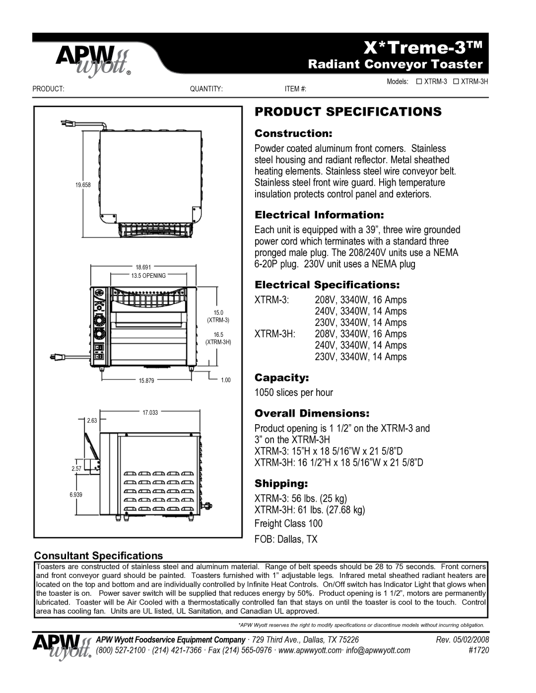 APW Wyott XTRM-3H Consultant Specifications, Construction, Electrical Information, Electrical Specifications, Capacity 