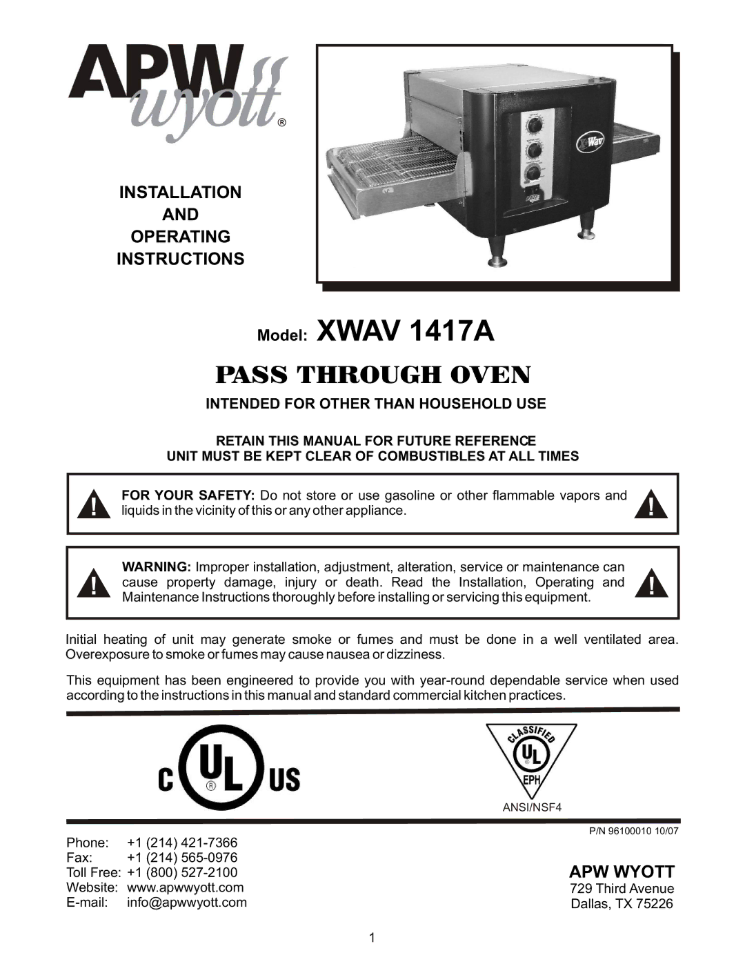 APW Wyott X*WAV 1417A operating instructions Installation Operating Instructions, APW Wyott 