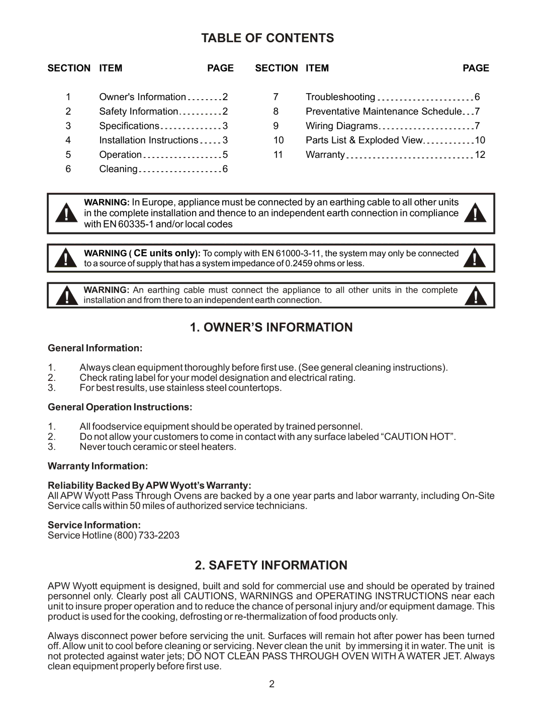 APW Wyott X*WAV 1417A operating instructions Table of Contents, OWNER’S Information, Safety Information 