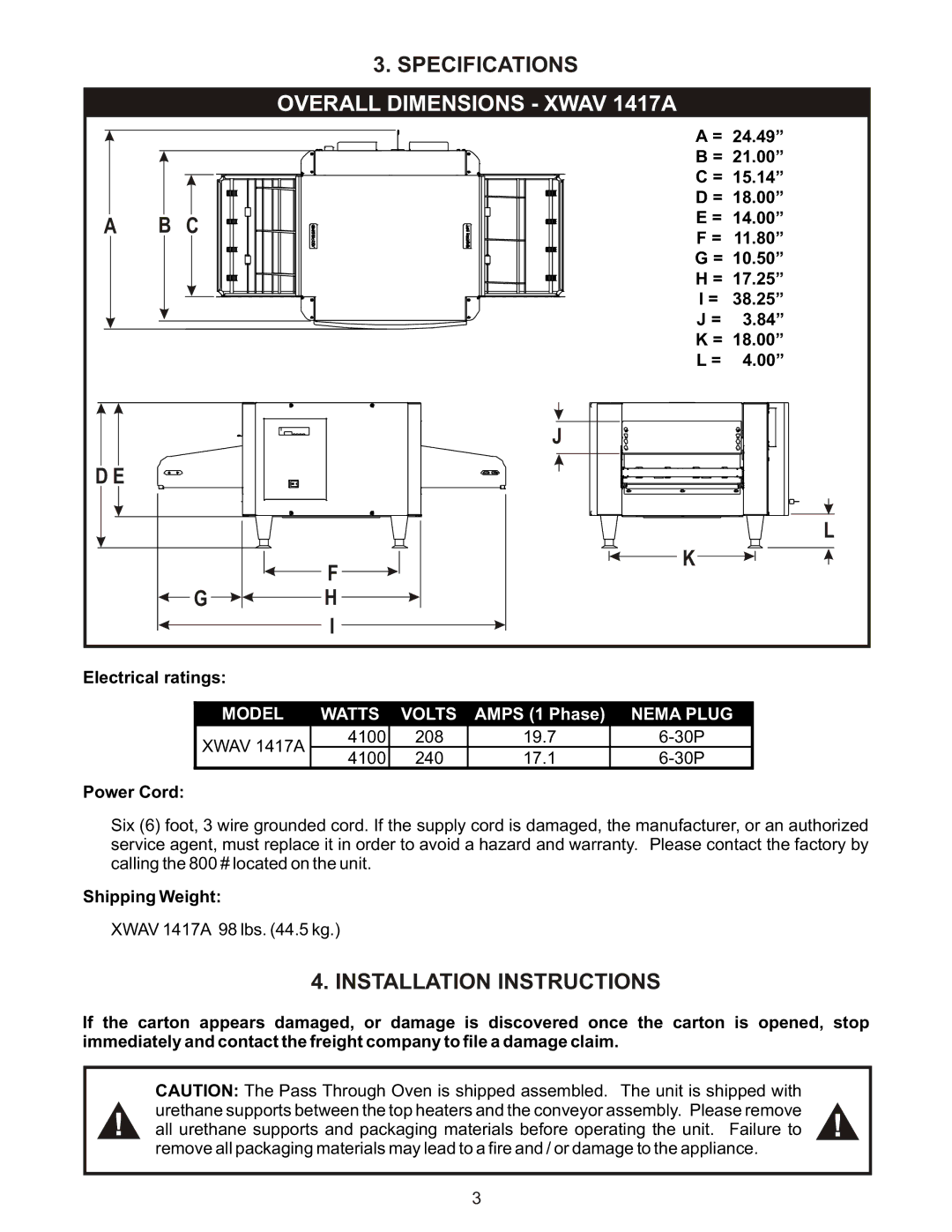 APW Wyott X*WAV 1417A operating instructions Installation Instructions, Power Cord, Shipping Weight 