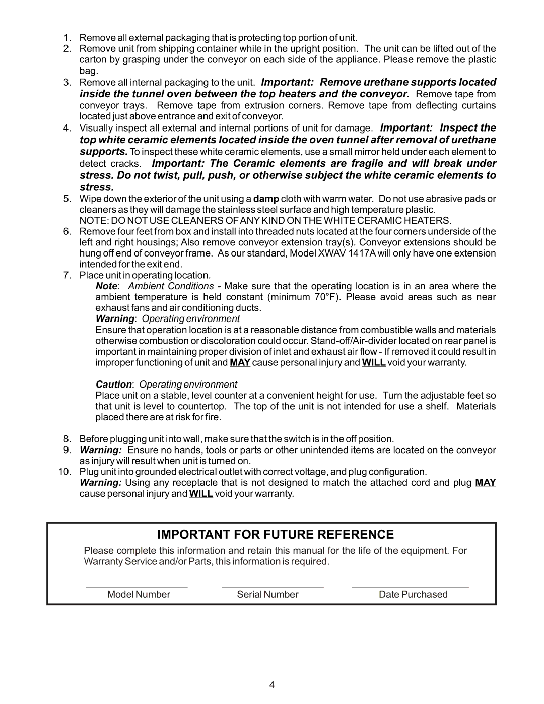 APW Wyott X*WAV 1417A operating instructions Important for Future Reference 