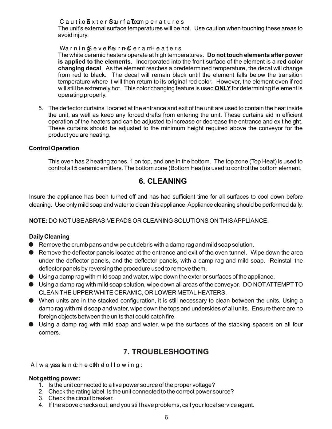 APW Wyott X*WAV 1417A operating instructions Troubleshooting, Control Operation, Daily Cleaning, Not getting power 