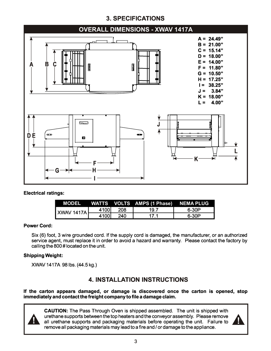 APW Wyott X*WAV 1417A A B C, J D E L, Installation Instructions, SPECIFICATIONS OVERALL DIMENSIONS - XWAV 1417A, Watts 