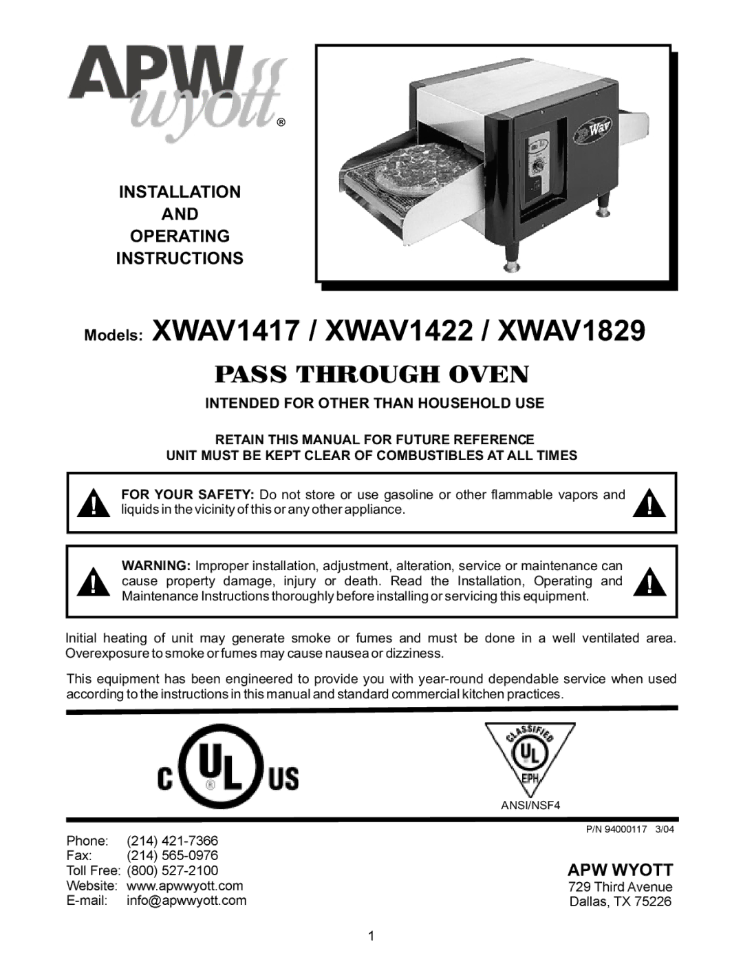 APW Wyott manual Models XWAV1417 / XWAV1422 / XWAV1829, Installation Operating Instructions 