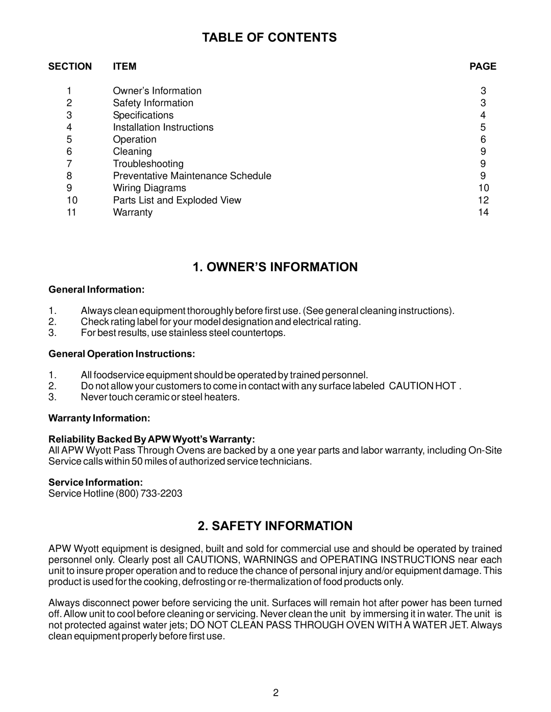 APW Wyott XWAV1417, XWAV1829, XWAV1422 manual Table of Contents, OWNER’S Information, SAF TY Information 