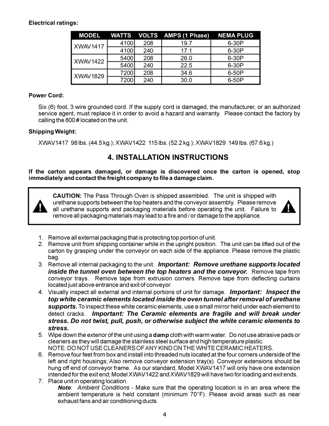 APW Wyott XWAV1422, XWAV1829, XWAV1417 manual Installation Instructions, Nema Plug 