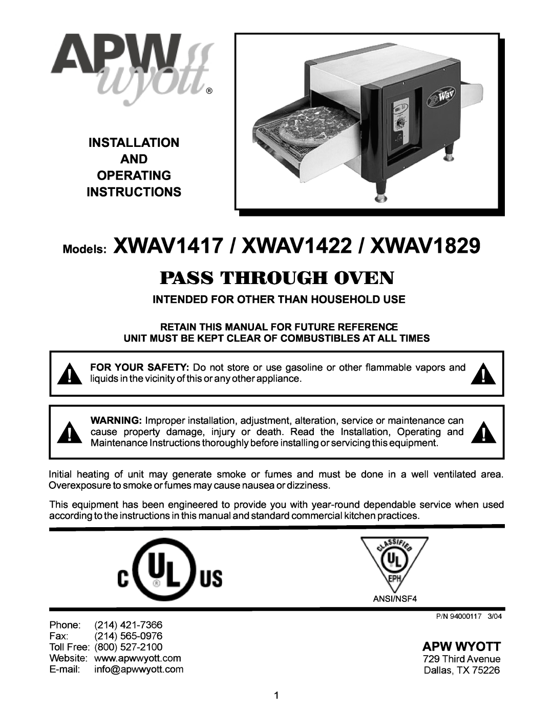 APW Wyott XWAV1422 manual 41736, Installation And Operating Instructions, Phone, Intended For Other Than Household Use 