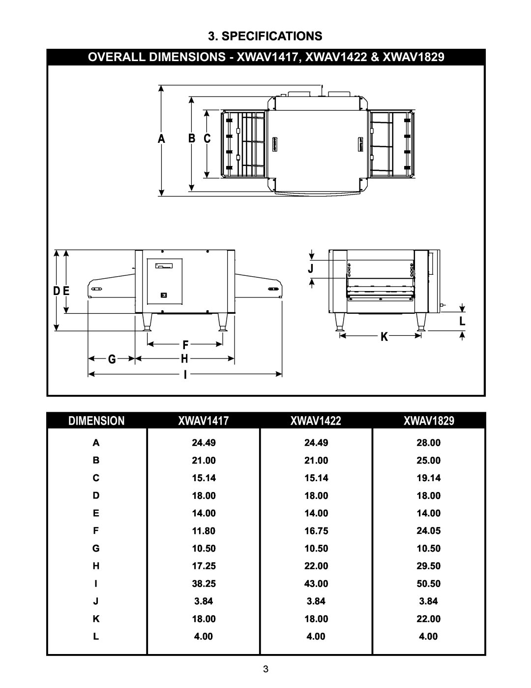 APW Wyott XWAV1829 manual Specifications, Dimension, XWAV1417, XWAV1422 