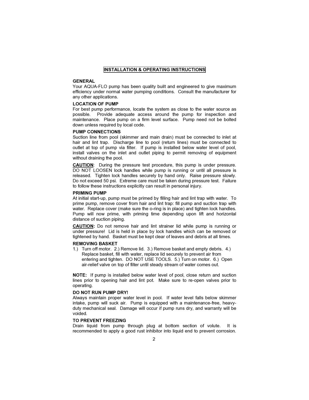 Aqua Flo A Series Installation & Operating Instructions General, Location of Pump, Pump Connections, Priming Pump 