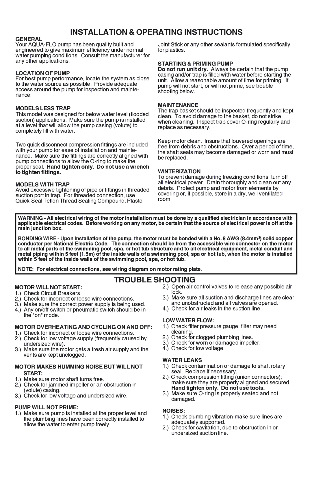 Aqua Flo Tub-Master Series owner manual Installation & Operating Instructions, Trouble Shooting 