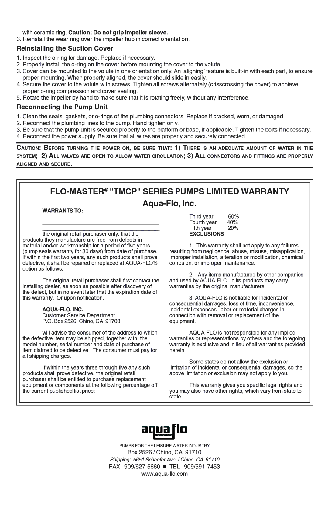 Aqua Flo Tub-Master Series owner manual FLO-MASTERTMCP Series Pumps Limited Warranty, Reinstalling the Suction Cover 