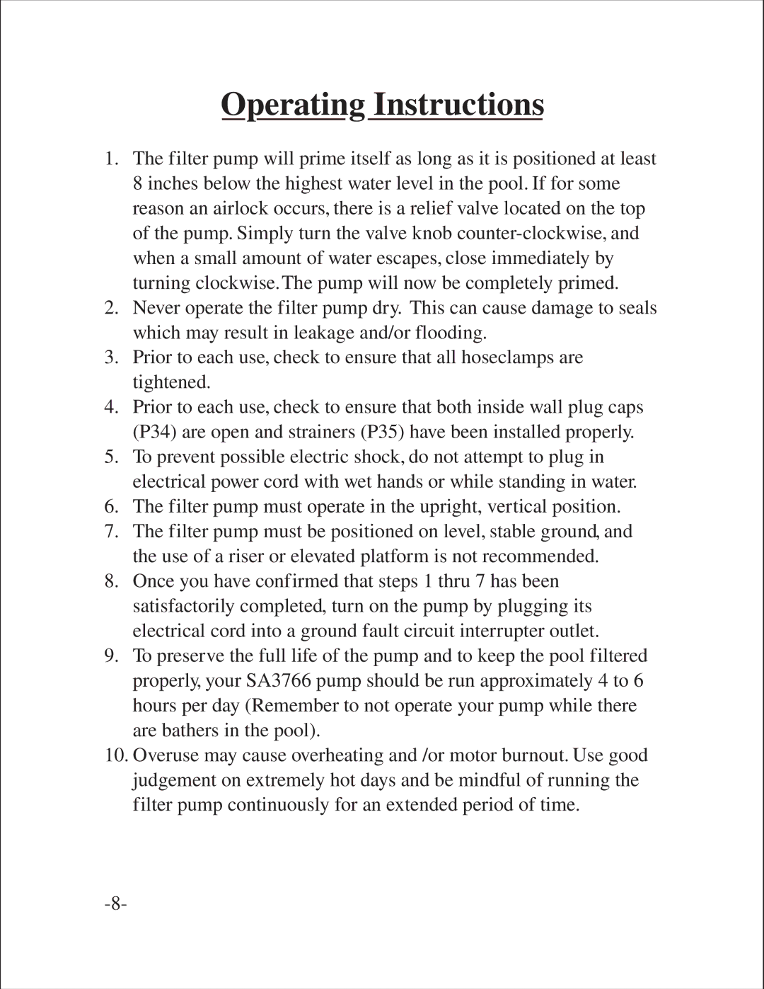 Aqua Leisure SA-3766 manual Operating Instructions 