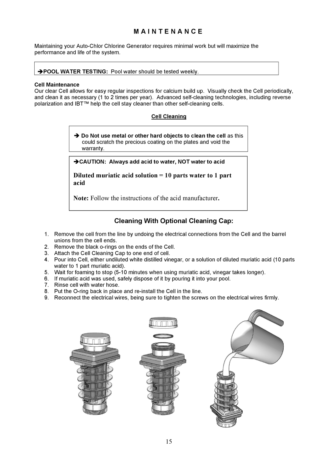 Aqua Products AC-4000, AC-6000 owner manual I N T E N a N C E, Cleaning With Optional Cleaning Cap, Cell Maintenance 