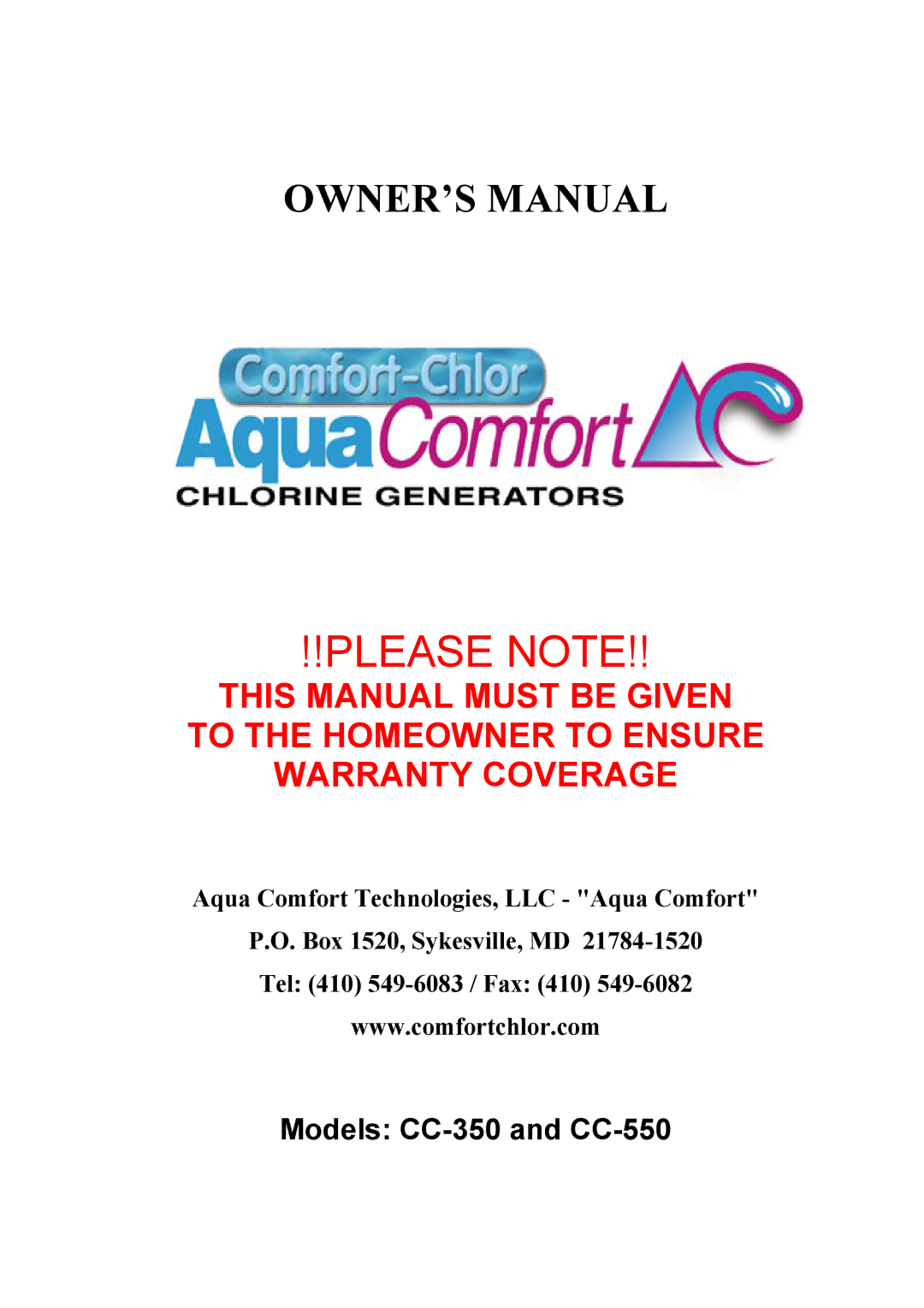 Aqua Products CC-550, CC-350 owner manual Please Note 