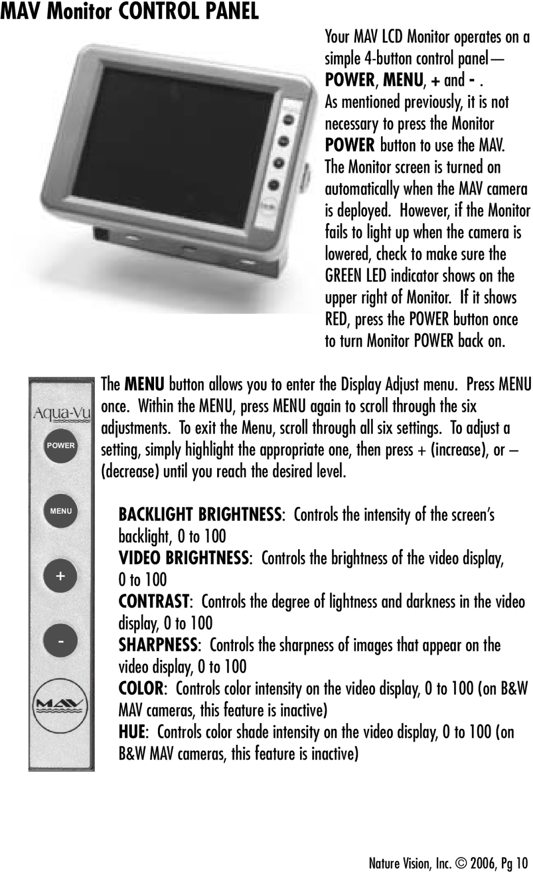 Aqua-Vu Aqua-Vu MAV manual MAV Monitor Control Panel, Backlight, 0 to 