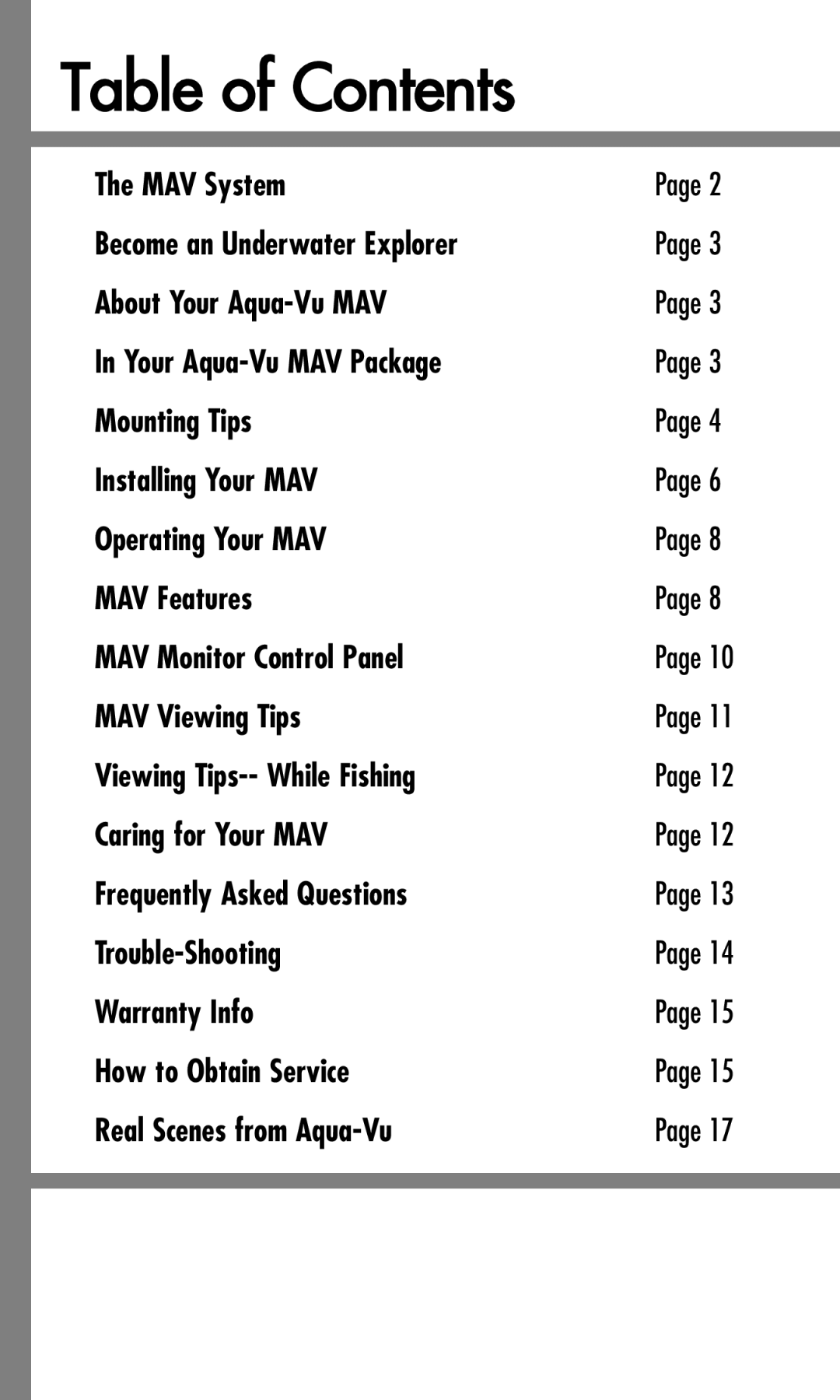 Aqua-Vu Aqua-Vu MAV manual Table of Contents 