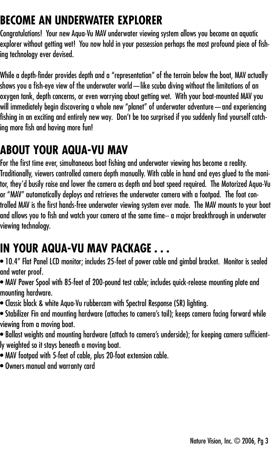 Aqua-Vu Aqua-Vu MAV manual Become AN Underwater Explorer, About Your AQUA-VU MAV, Your AQUA-VU MAV Package 