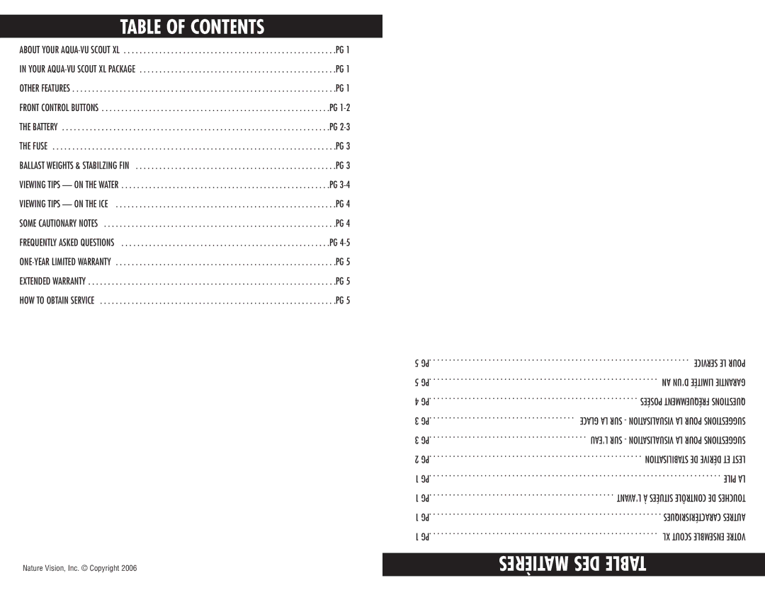 Aqua-Vu SCOUT XL manual Table of Contents 