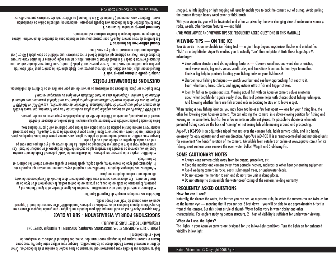 Aqua-Vu SCOUT XL manual Viewing Tips on the ICE, Some Cautionary Notes, Frequently Asked Questions 