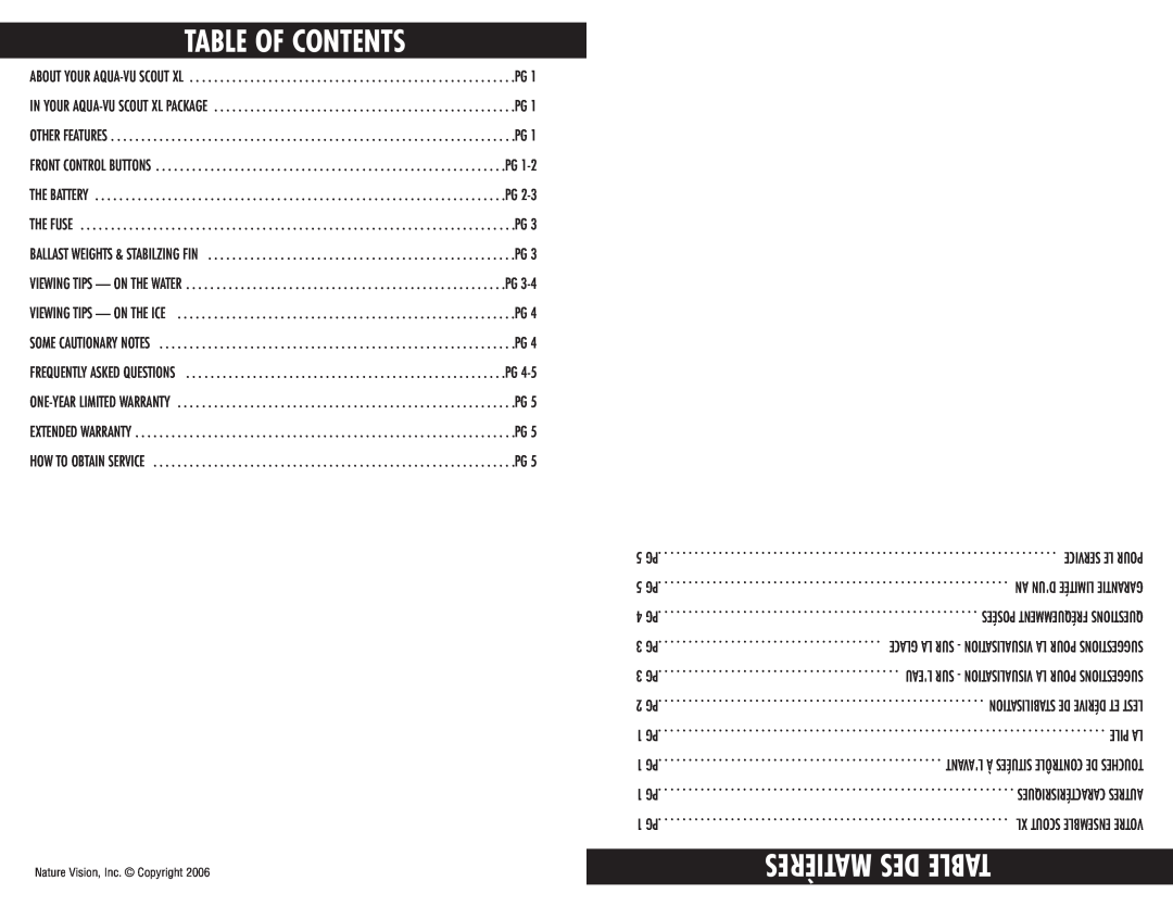 Aqua-Vu SCOUT XL manual Table Of Contents, Matières Des Table, Nature Vision, Inc. Copyright 