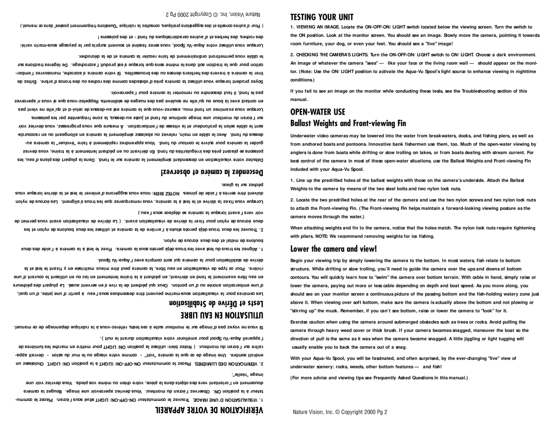 Aqua-Vu SPOOL manual Testing Your Unit, Open-Water Use, Ballast Weights and Front-viewing Fin, Lower the camera and view 