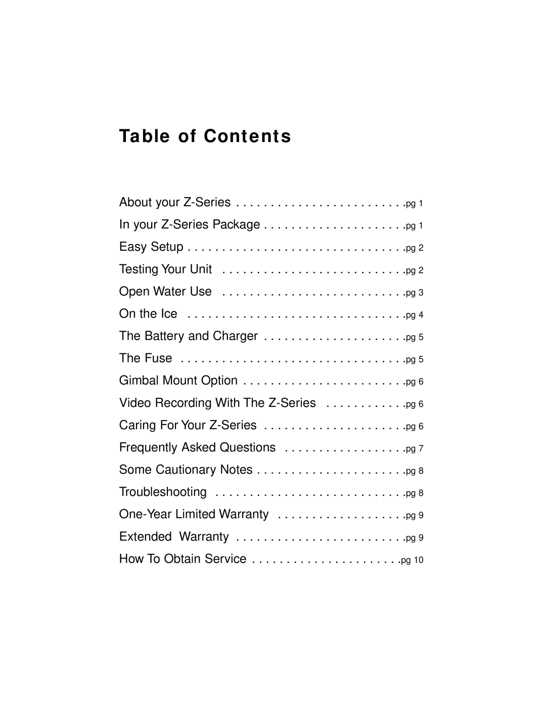 Aqua-Vu Z-Series manual Table of Contents 