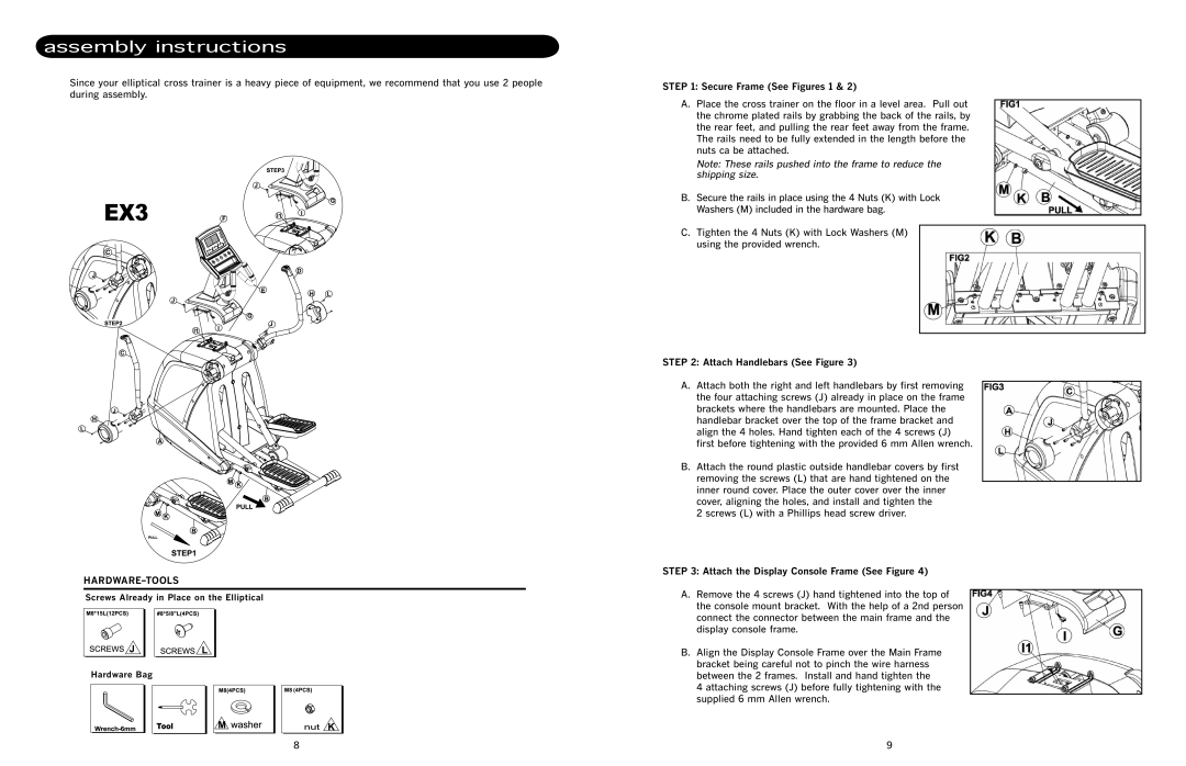 AquaBrew EX3 manual Assembly instructions, Secure Frame See Figures 1, Attach Handlebars See Figure 