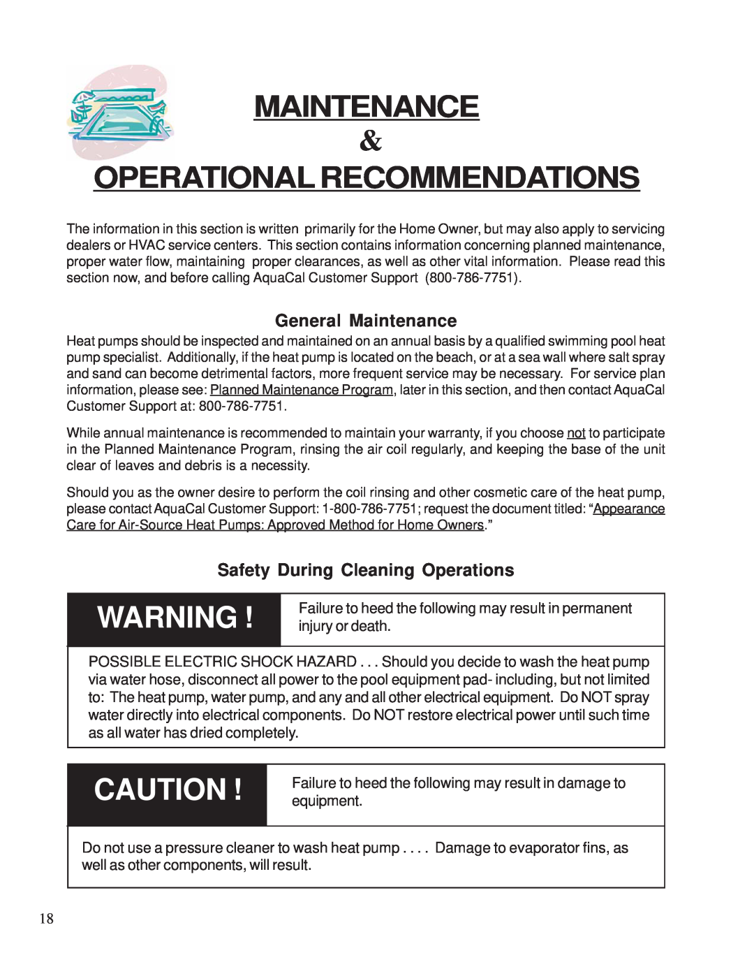 Aquacal 100 owner manual Operational Recommendations, General Maintenance, Safety During Cleaning Operations 
