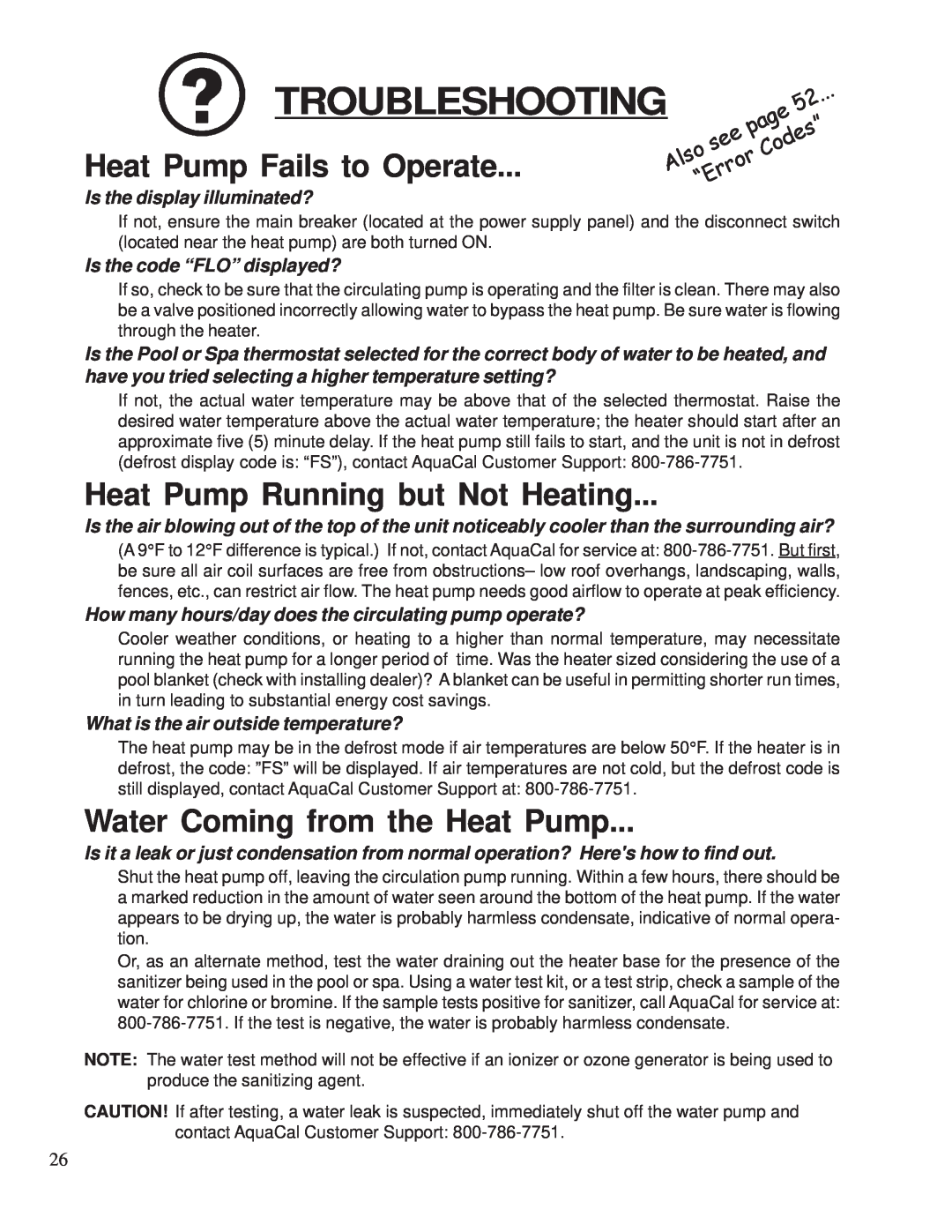 Aquacal 100 Troubleshooting, Heat Pump Fails to Operate, Heat Pump Running but Not Heating, page, see Codes”, Also, “Error 