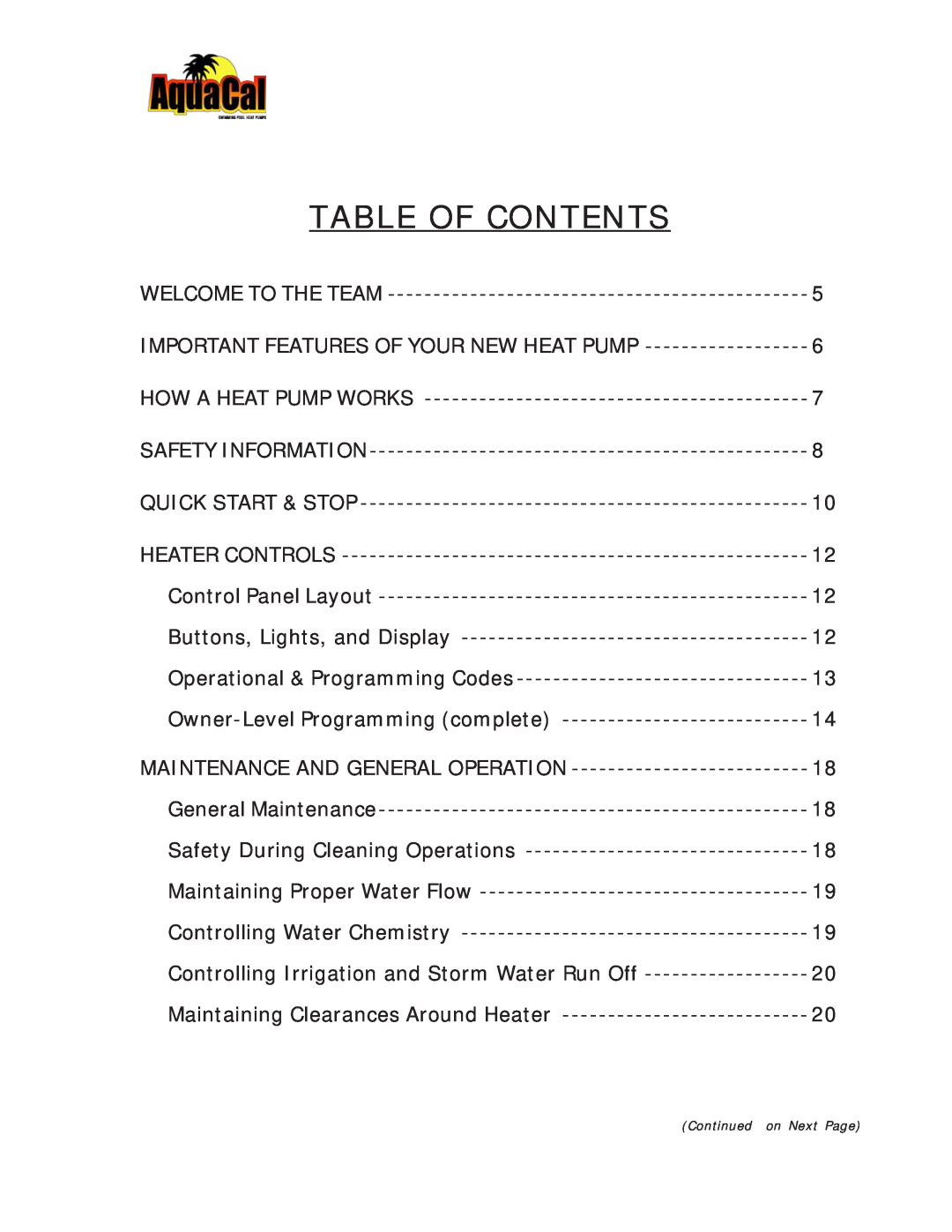 Aquacal 100 owner manual Table Of Contents 