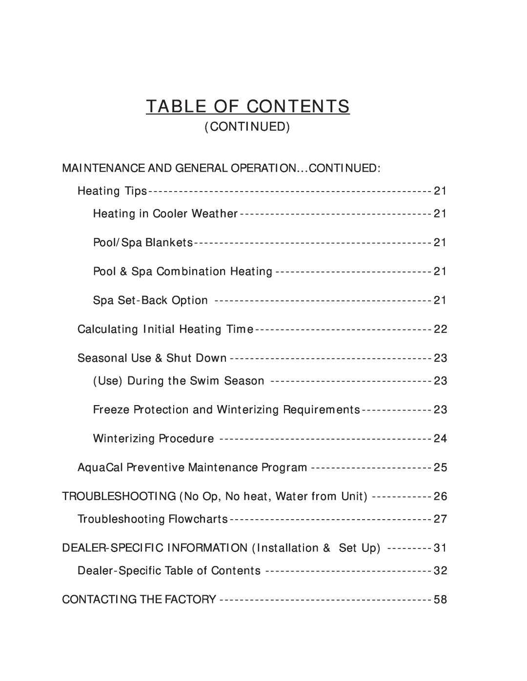 Aquacal 100 owner manual Continued, Table Of Contents 