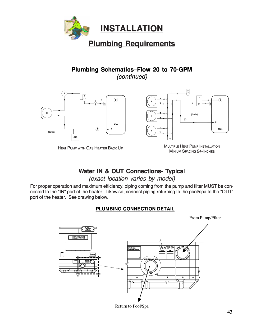 Aquacal 100 Plumbing Schematics-Flow20 to 70-GPM, Water IN & OUT Connections- Typical, Installation, Plumbing Requirements 
