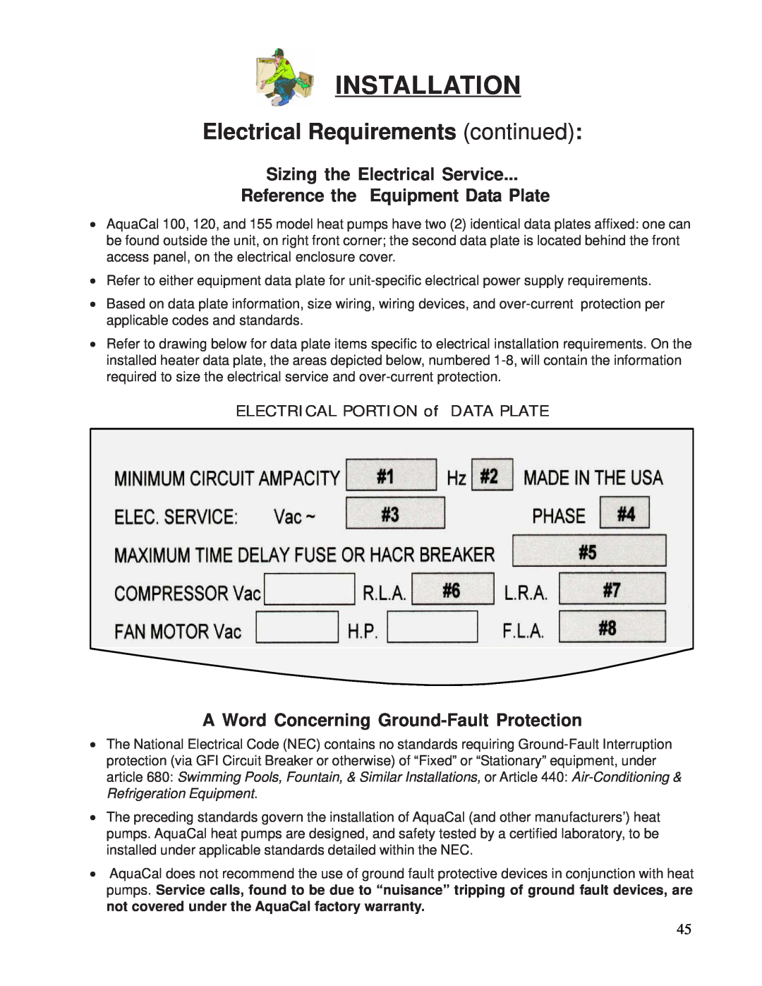 Aquacal 100 Electrical Requirements continued, Sizing the Electrical Service, Reference the Equipment Data Plate 